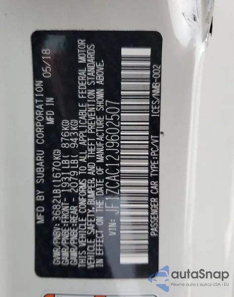 2018 Subaru Brz 2.0 Limited z USA, uszkodzony, nr VIN JF1ZCAC12J9602507